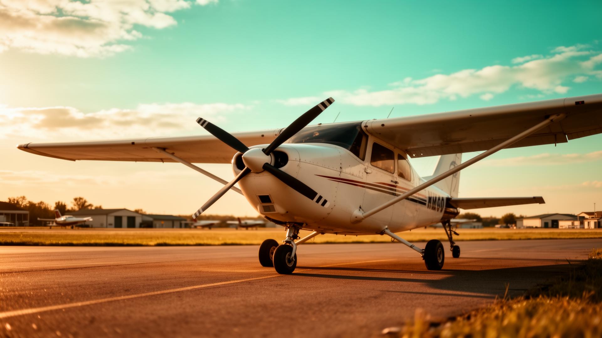Small propeller airplane on a sunny tarmac at golden hour